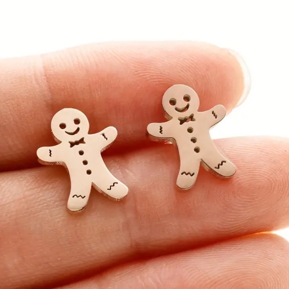 Gingerbread Man Christmas Holiday Rose Gold Toned Stud Earrings - Picture 1 of 1